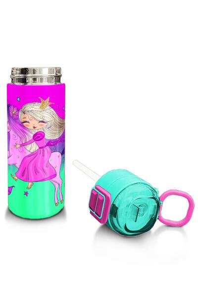 Coral High Kids Açık Pembe Mor Unicornlu Prenses Desenli Pipetli ve Direkt İçim Çelik Termos 500 ml 31802 - 4