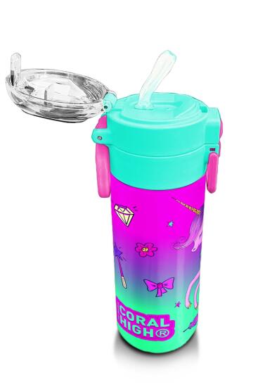 Coral High Kids Açık Pembe Mor Unicornlu Prenses Desenli Pipetli ve Direkt İçim Çelik Termos 500 ml 31802 - 5