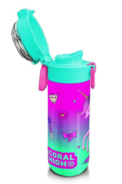 Coral High Kids Açık Pembe Mor Unicornlu Prenses Desenli Pipetli ve Direkt İçim Çelik Termos 500 ml 31802 - 6