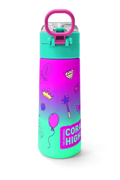 Coral High Kids Açık Pembe Mor Unicornlu Prenses Desenli Pipetli ve Direkt İçim Çelik Termos 500 ml 31802 - 4