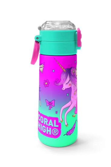 Coral High Kids Açık Pembe Mor Unicornlu Prenses Desenli Pipetli ve Direkt İçim Çelik Termos 500 ml 31802 - 2