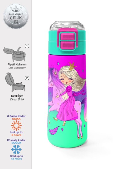 Coral High Kids Açık Pembe Mor Unicornlu Prenses Desenli Pipetli ve Direkt İçim Çelik Termos 500 ml 31802 