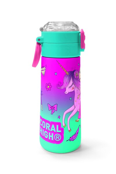 Coral High Kids Açık Pembe Mor Unicornlu Prenses Desenli Pipetli ve Direkt İçim Çelik Termos 500 ml 31802 - 2