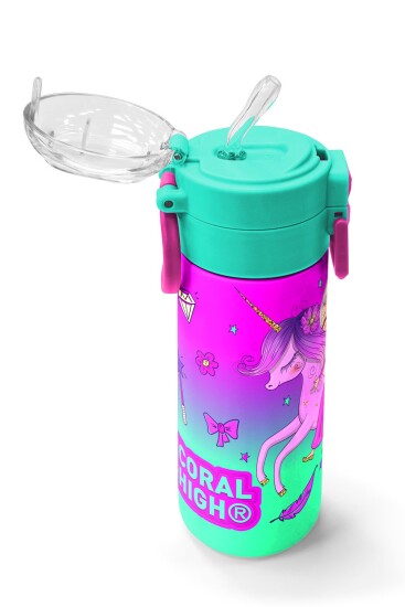 Coral High Kids Açık Pembe Mor Unicornlu Prenses Desenli Pipetli ve Direkt İçim Çelik Termos 500 ml 31802 - 5