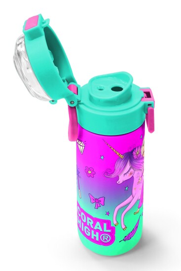 Coral High Kids Açık Pembe Mor Unicornlu Prenses Desenli Pipetli ve Direkt İçim Çelik Termos 500 ml 31802 - 6