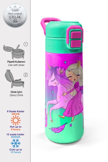 Coral High Kids Açık Pembe Mor Unicornlu Prenses Desenli Pipetli ve Direkt İçim Çelik Termos 500 ml 31802 
