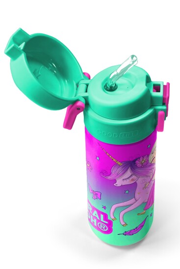 Coral High Kids Açık Pembe Mor Unicornlu Prenses Desenli Pipetli ve Direkt İçim Çelik Termos 500 ml 31802 - 2