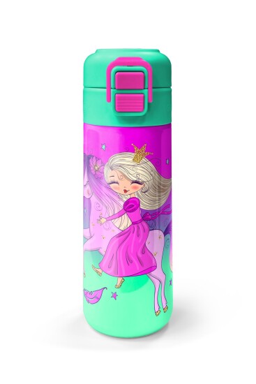 Coral High Kids Açık Pembe Mor Unicornlu Prenses Desenli Pipetli ve Direkt İçim Çelik Termos 500 ml 31802 - 4