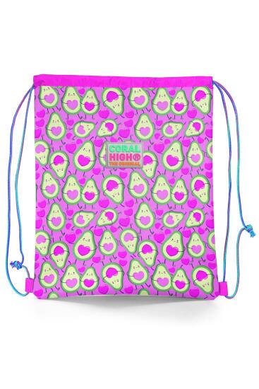 Coral High Kids Açık Pembe Su Yeşili Avokado Desenli İpli Büzgülü Sırt Çantası 22465 - Coral High KIDS