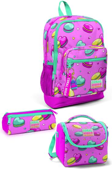 Coral High Kids Açık Pembe Su Yeşili Makaron Desenli 3’lü Okul Çanta Seti SET0123462 