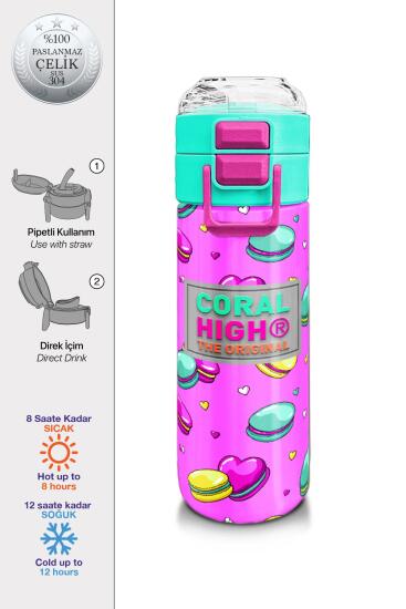 Coral High Kids Açık Pembe Su Yeşili Makaron Desenli Pipetli ve Direkt İçim Çelik Termos 500 ml 31912 - CORAL HIGH KIDS