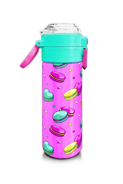 Coral High Kids Açık Pembe Su Yeşili Makaron Desenli Pipetli ve Direkt İçim Çelik Termos 500 ml 31912 - 2