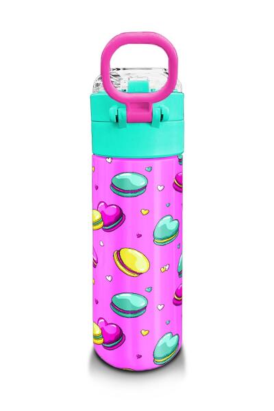 Coral High Kids Açık Pembe Su Yeşili Makaron Desenli Pipetli ve Direkt İçim Çelik Termos 500 ml 31912 - 3