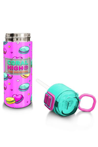 Coral High Kids Açık Pembe Su Yeşili Makaron Desenli Pipetli ve Direkt İçim Çelik Termos 500 ml 31912 - 4
