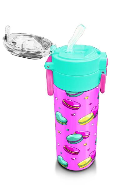 Coral High Kids Açık Pembe Su Yeşili Makaron Desenli Pipetli ve Direkt İçim Çelik Termos 500 ml 31912 - 5