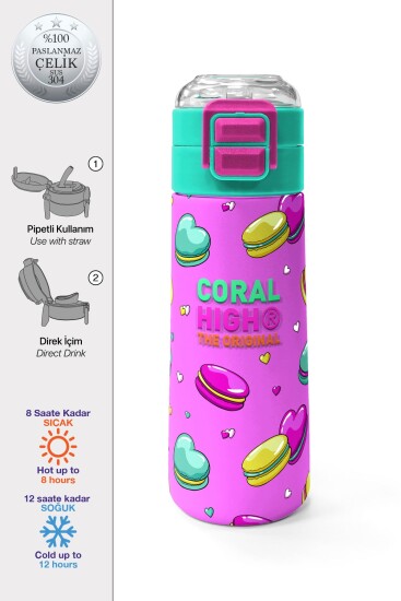 Coral High Kids Açık Pembe Su Yeşili Makaron Desenli Pipetli ve Direkt İçim Çelik Termos 500 ml 31912 
