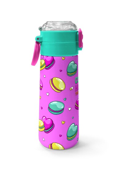 Coral High Kids Açık Pembe Su Yeşili Makaron Desenli Pipetli ve Direkt İçim Çelik Termos 500 ml 31912 - 2