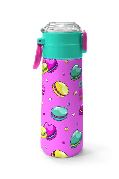 Coral High Kids Açık Pembe Su Yeşili Makaron Desenli Pipetli ve Direkt İçim Çelik Termos 500 ml 31912 - 2