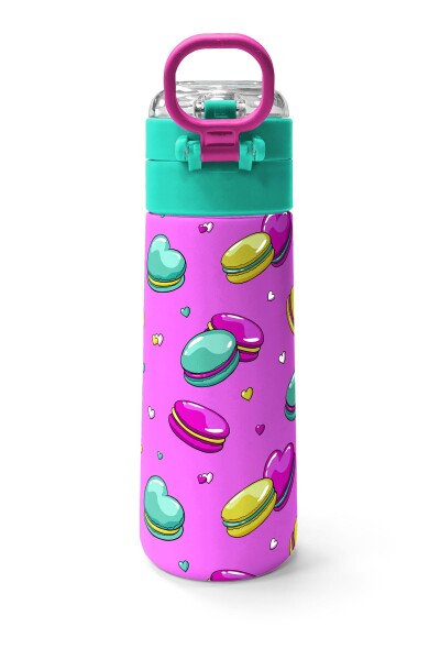 Coral High Kids Açık Pembe Su Yeşili Makaron Desenli Pipetli ve Direkt İçim Çelik Termos 500 ml 31912 - 4