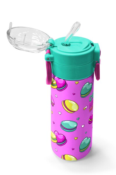 Coral High Kids Açık Pembe Su Yeşili Makaron Desenli Pipetli ve Direkt İçim Çelik Termos 500 ml 31912 - 5