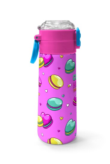 Coral High Kids Açık Pembe Su Yeşili Makaron Desenli Pipetli ve Direkt İçim Çelik Termos 500 ml 31912 - 2