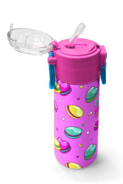 Coral High Kids Açık Pembe Su Yeşili Makaron Desenli Pipetli ve Direkt İçim Çelik Termos 500 ml 31912 - 5