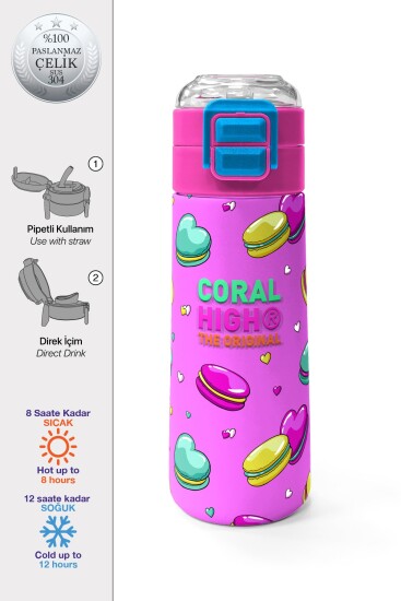 Coral High Kids Açık Pembe Su Yeşili Makaron Desenli Pipetli ve Direkt İçim Çelik Termos 500 ml 31912 