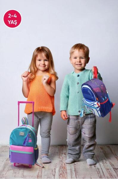 Minik Yuva Çekçekli Sırt Çantası Su Yeşili Pembe Kedi Desenli İki Bölmeli 24008 - 2