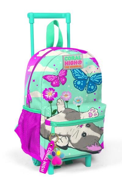 Minik Yuva Çekçekli Sırt Çantası Su Yeşili Pembe Kedi Desenli İki Bölmeli 24008 - 1