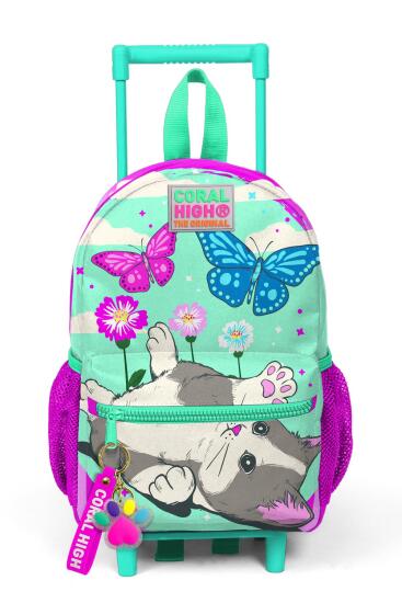 Minik Yuva Çekçekli Sırt Çantası Su Yeşili Pembe Kedi Desenli İki Bölmeli 24008 - 3