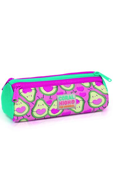 Coral High Kids Açık Pembe Su Yeşili Avakoda Desenli Üç Bölmeli Kalem Çantası 22009 