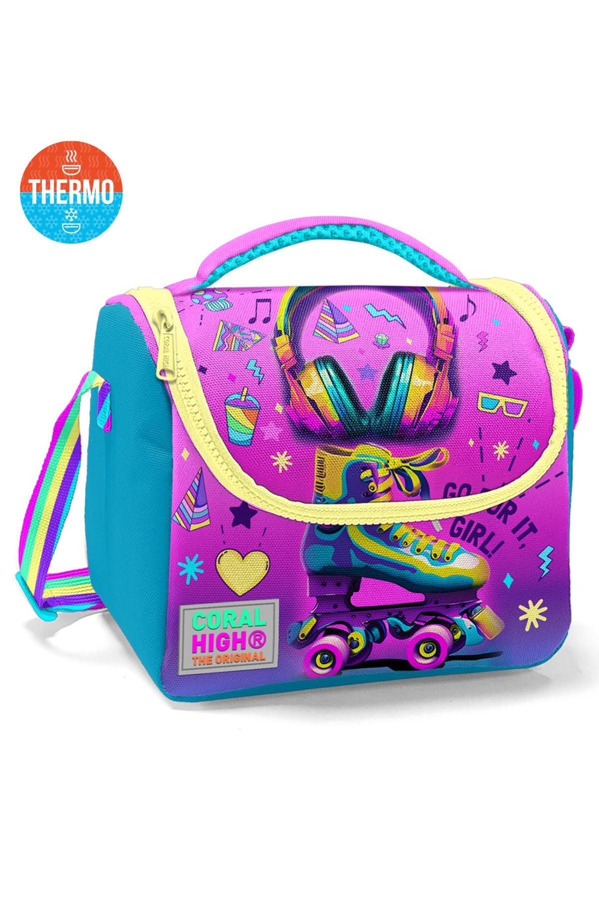 Coral High Kids  Pembe Turkuaz Kulaklık Paten Desenli Thermo Beslenme Çantası 11754