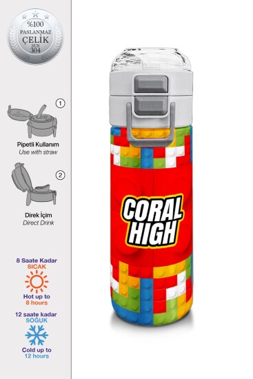 Coral High Kids Blok Desenli Pipetli ve Direkt İçim Çelik Termos 500 ml 31991 - Coral High KIDS