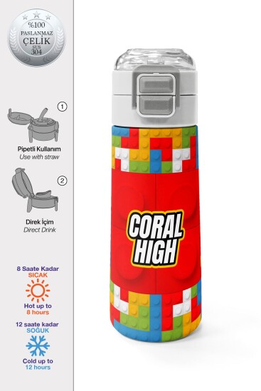 Coral High Kids Blok Desenli Pipetli ve Direkt İçim Çelik Termos 500 ml 31991 - Coral High KIDS