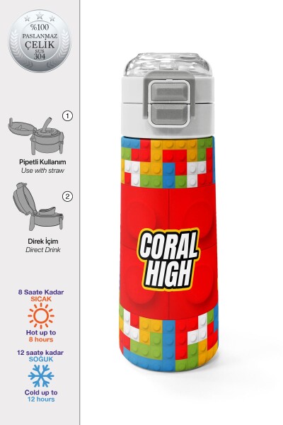 Coral High Kids Blok Desenli Pipetli ve Direkt İçim Çelik Termos 500 ml 31991 - 1