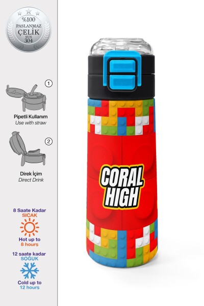 Coral High Kids Blok Desenli Pipetli ve Direkt İçim Çelik Termos 500 ml 31991 - 1
