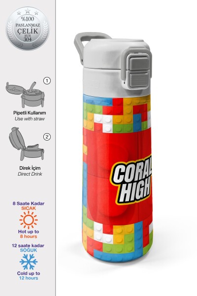 Coral High Kids Blok Desenli Pipetli ve Direkt İçim Çelik Termos 500 ml 31991 - 1