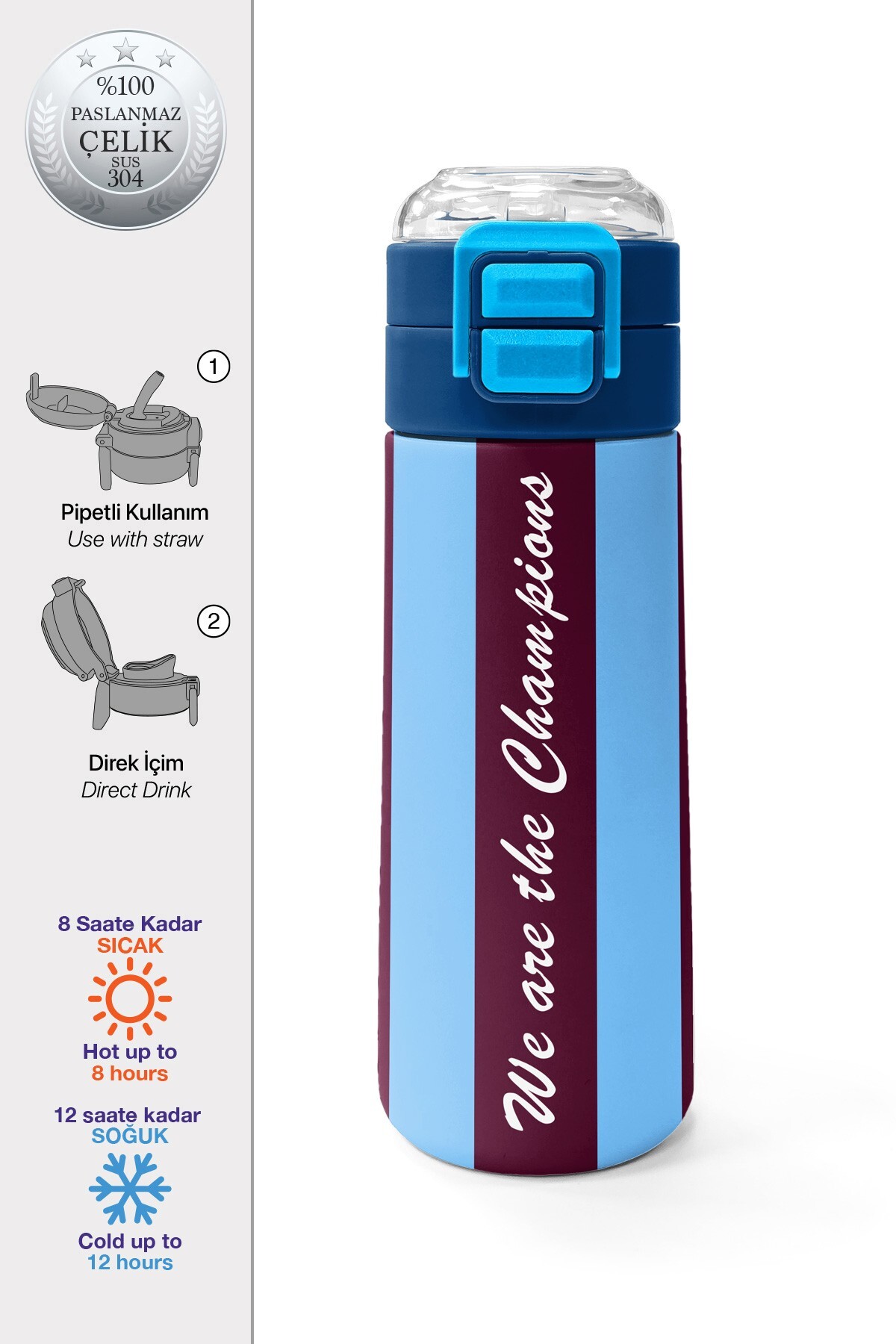 Coral High Kids Bordo Mavi Taraftar Desenli Pipetli ve Direkt İçim Çelik Termos 500 ml 31788