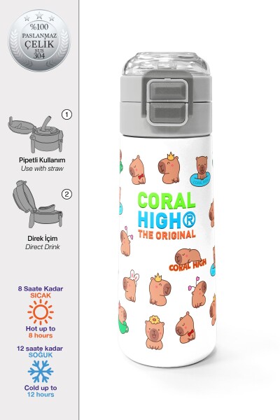 Coral High Kids Kabibara Desenli Pipetli ve Direkt İçim Çelik Termos 500 ml 31794 - 1