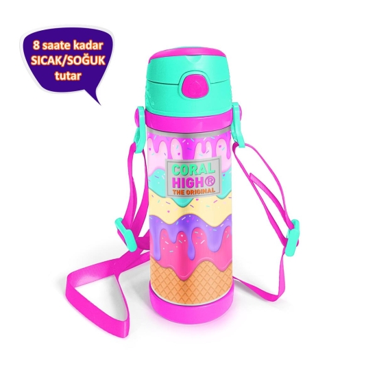 Coral High Kids Pembe Rengarenk Dondurma Desenli Pipetli Çelik Termos 500 ml 11928 