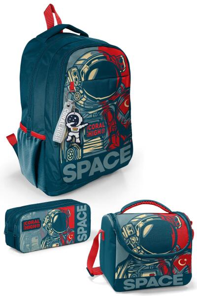 Coral High Kids Çivit Kırmızı Astronot Desenli 3’lü Okul Çanta Seti SET0114389 - 1