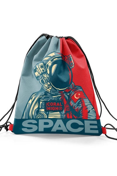 Coral High Kids Çivit Kırmızı Astronot Desenli İpli Büzgülü Sırt Çantası 22488 - 2