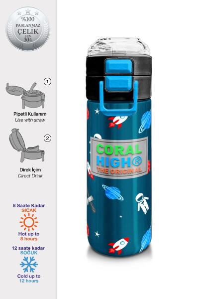 Coral High Kids Çivit Kırmızı Uzay Desenli Pipetli ve Direkt İçim Çelik Termos 500 ml 31908 - 1