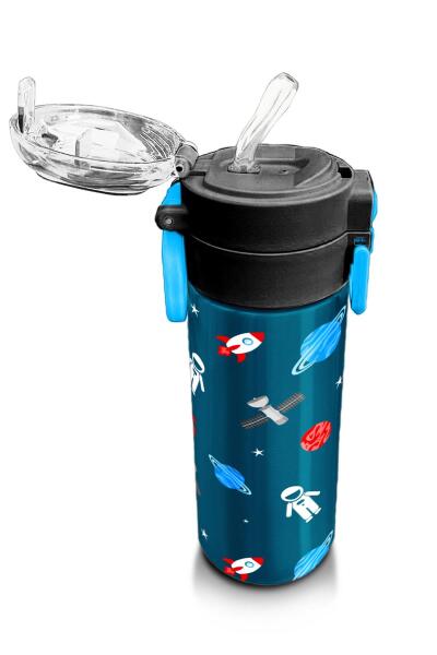 Coral High Kids Çivit Kırmızı Uzay Desenli Pipetli ve Direkt İçim Çelik Termos 500 ml 31908 - 5