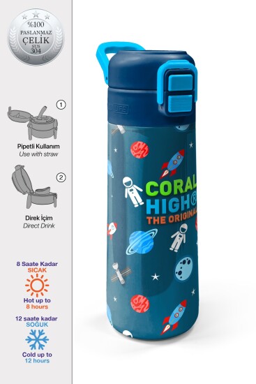 Coral High Kids Çivit Kırmızı Uzay Desenli Pipetli ve Direkt İçim Çelik Termos 500 ml 31908 