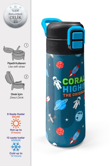 Coral High Kids Çivit Kırmızı Uzay Desenli Pipetli ve Direkt İçim Çelik Termos 500 ml 31908 