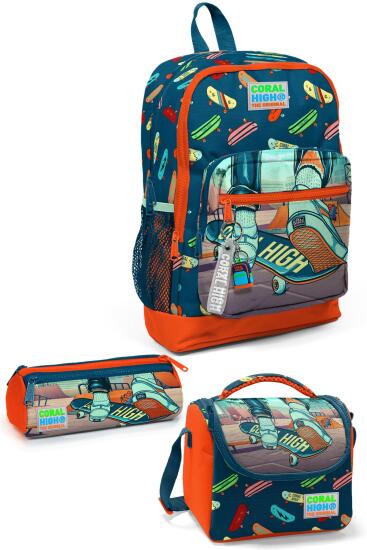 Coral High Kids Çivit Neon Turuncu Kaykay Desenli 3’lü Okul Çanta Seti SET0123723 - Coral High KIDS