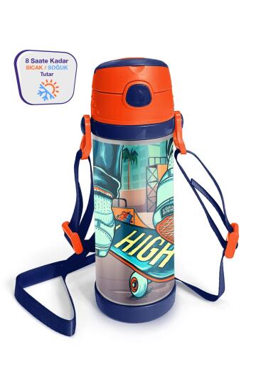 Coral High Kids Çivit Neon Turuncu Kaykay Desenli Pipetli Çelik Termos 500 ml 11923 - Coral High KIDS