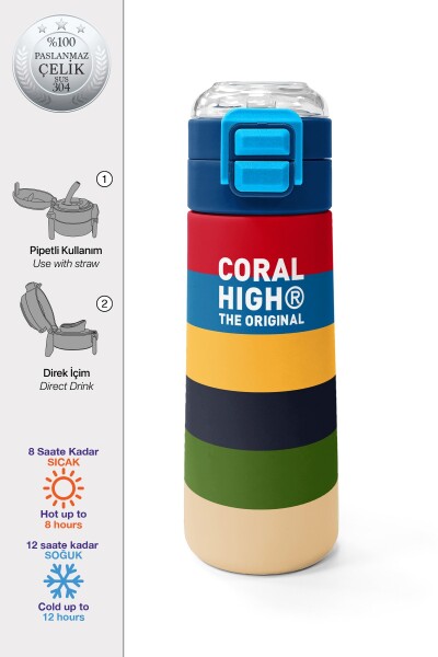 Coral High Kids Çok Renkli Çizgi Desenli Pipetli ve Direkt İçim Çelik Termos 500 ml 38112 - 1