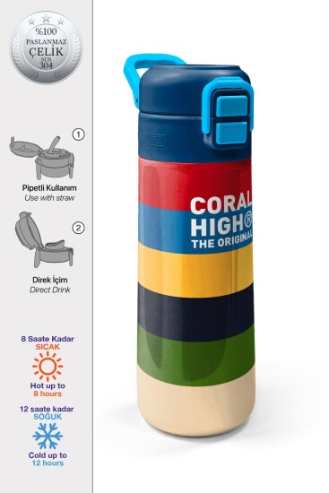 Coral High Kids Çok Renkli Çizgi Desenli Pipetli ve Direkt İçim Çelik Termos 500 ml 38112 